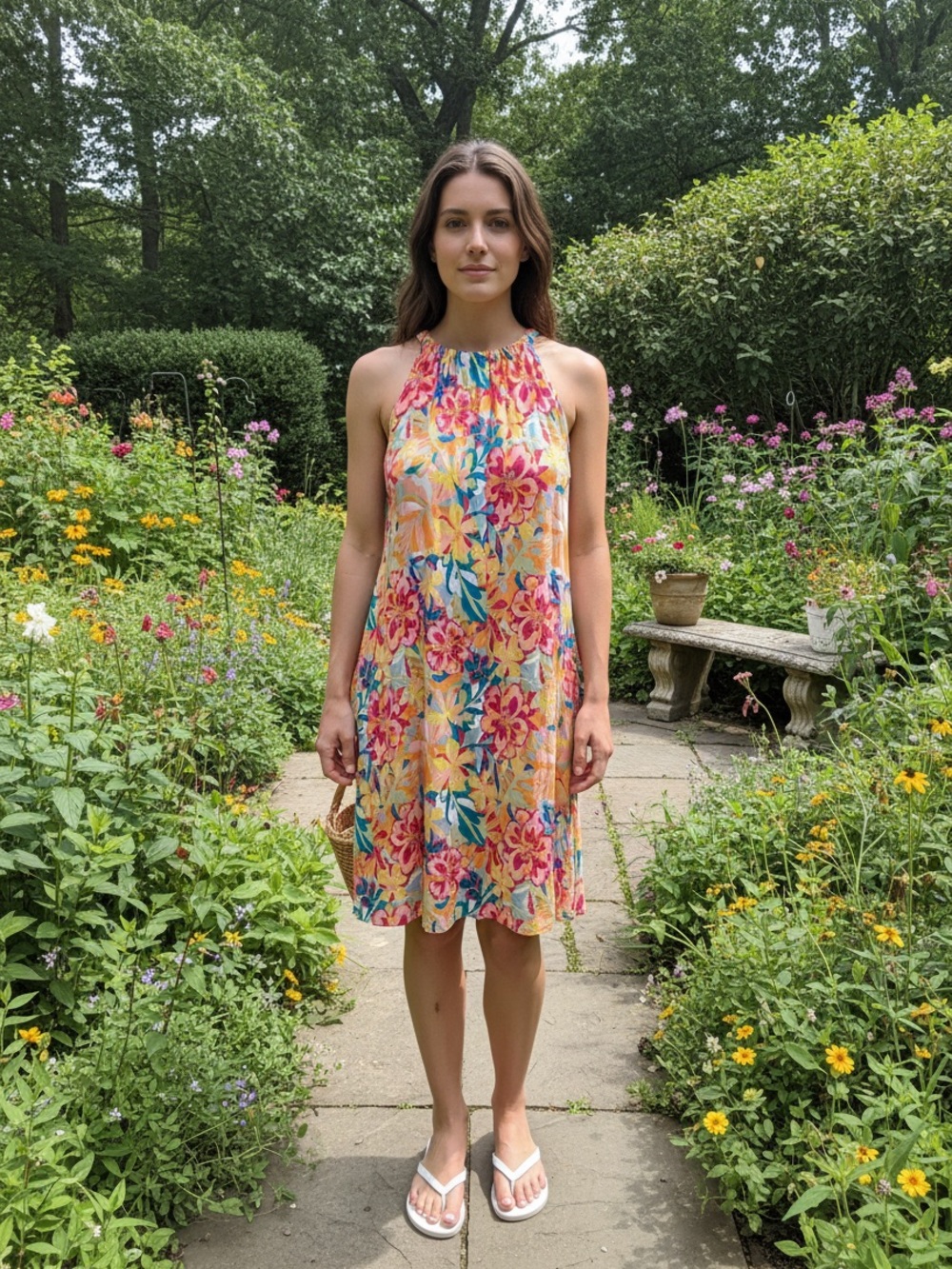 Time and Tru Pink, Yellow & Teal Floral Halter Midi Dress